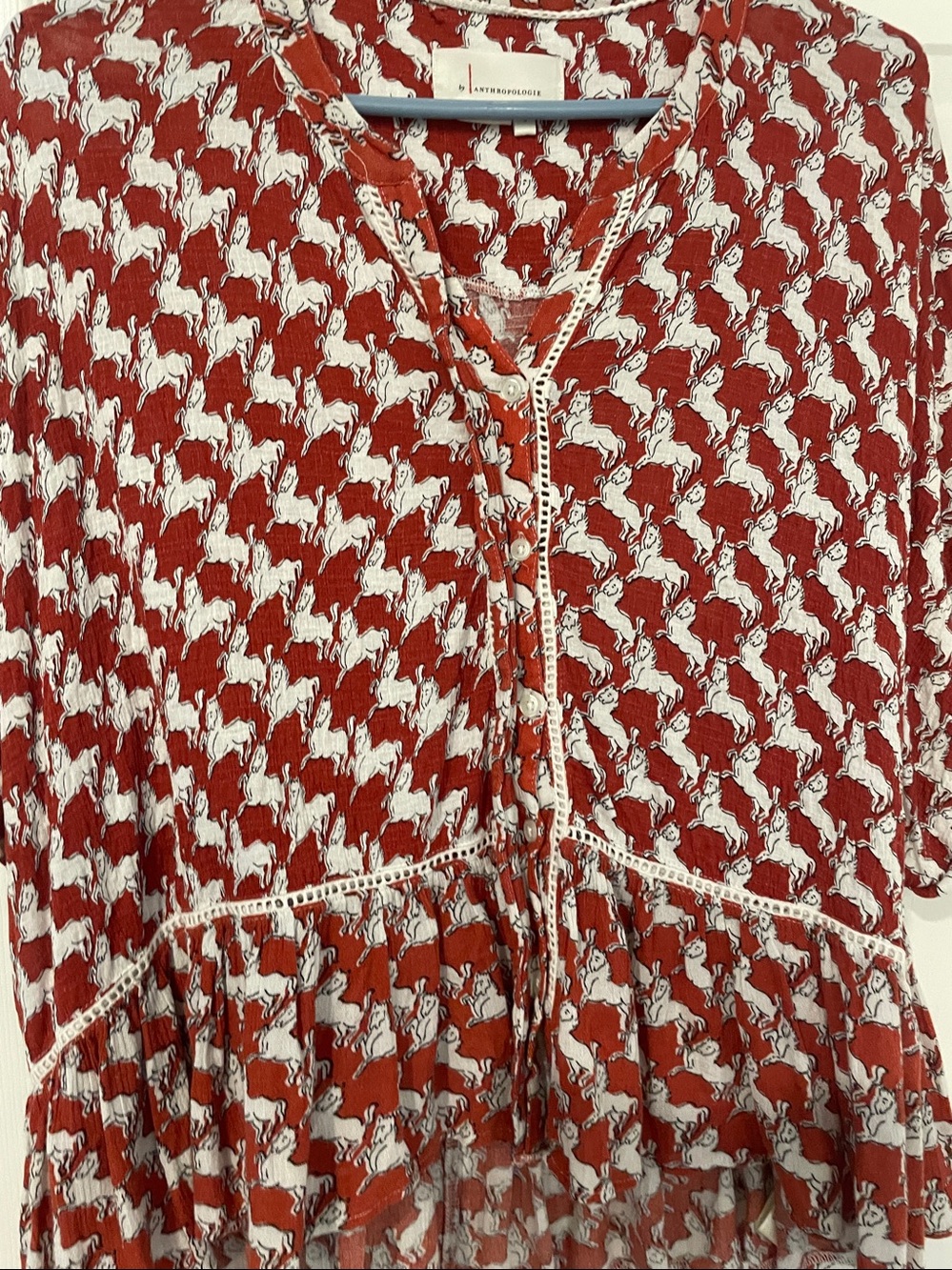 Anthropologie Red and White Horse-Print Button-Front Blouse - Picture 4 of 6